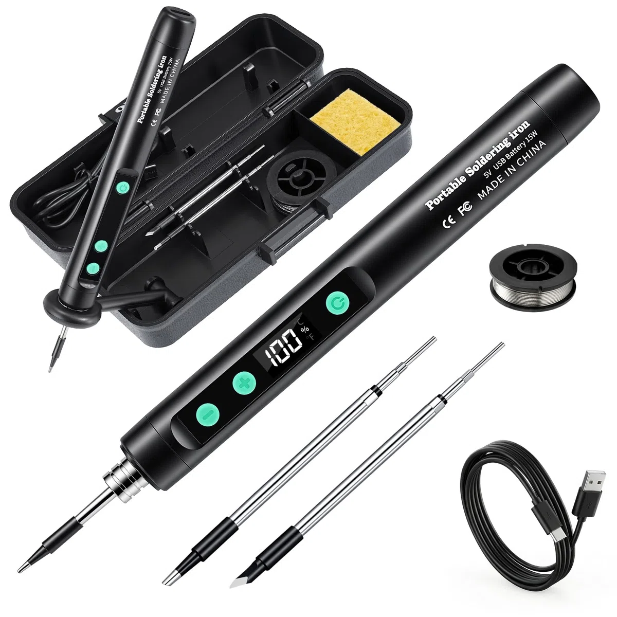 Fer à Souder sans Fil Kit - 1100mAh USB Rechargeable avec Port Type-C, Température Ajustable Numérique LCD Thermostatique pour Réparation Appareils Ménagers, DIY - Noir