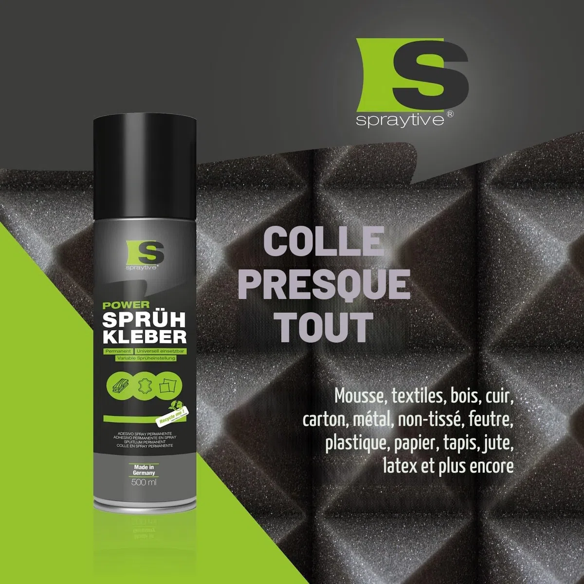 Lot de 3 tubes de colle en spray Power de 500 ml : pour textiles, non-tissés, mousse, cuir, ciel de toit, tapis, papier et plus encore – Forte adhérence permanente avec réglage de
