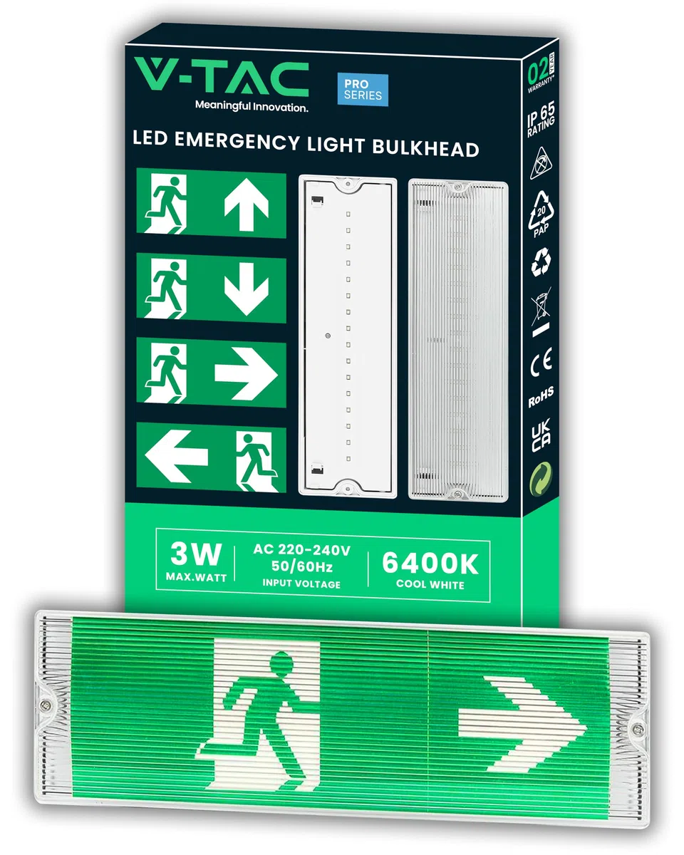 V-TAC Lampe de Secours LED 4 en 1 pour Plafond et Mur - Visible à 30 Mètres - Bouton d'Autotest - Éclairage de Sortie de Secours et Issue de Secours - Exit - 4 Signalisations Incluses - Lumière 6000K
