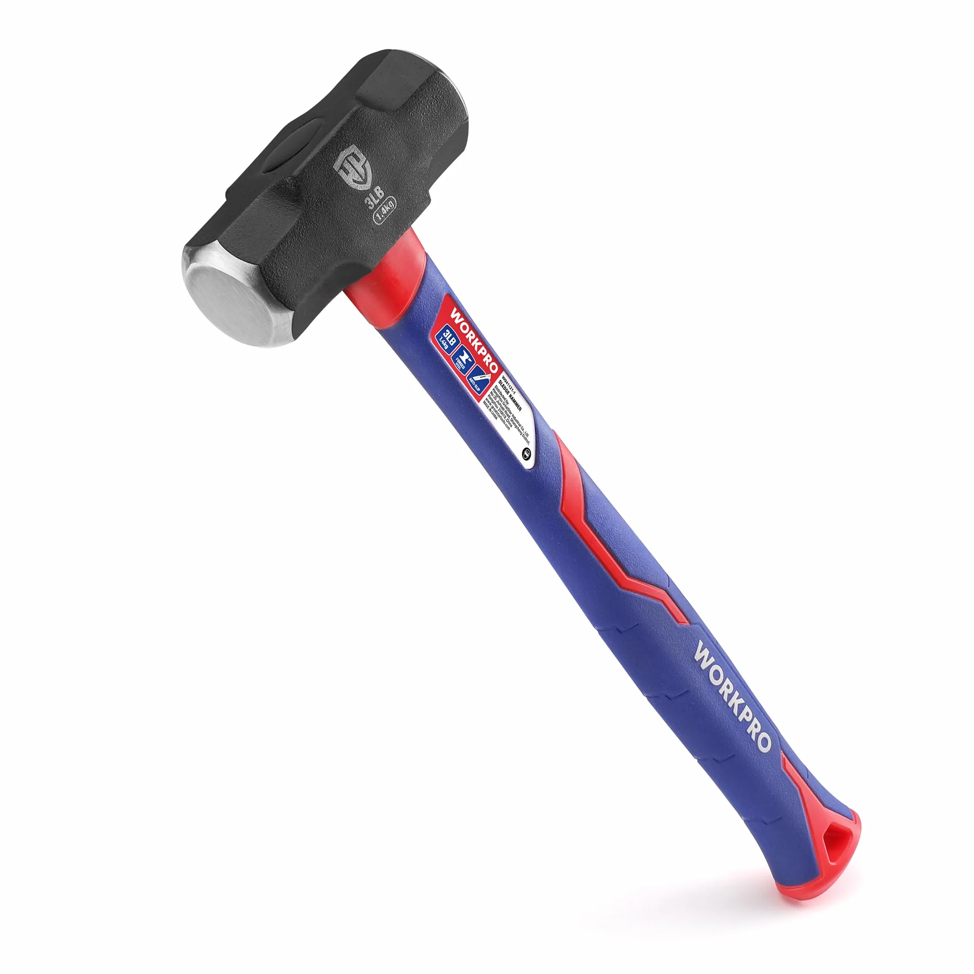 Massette 1,68kg avec Manche en Fibre de Verre, Tête en Acier Forgé, Marteau Octogonal à Poignée Ergonomique Antidérapante pour Jardinage, Construction de Bâtiments, Roche