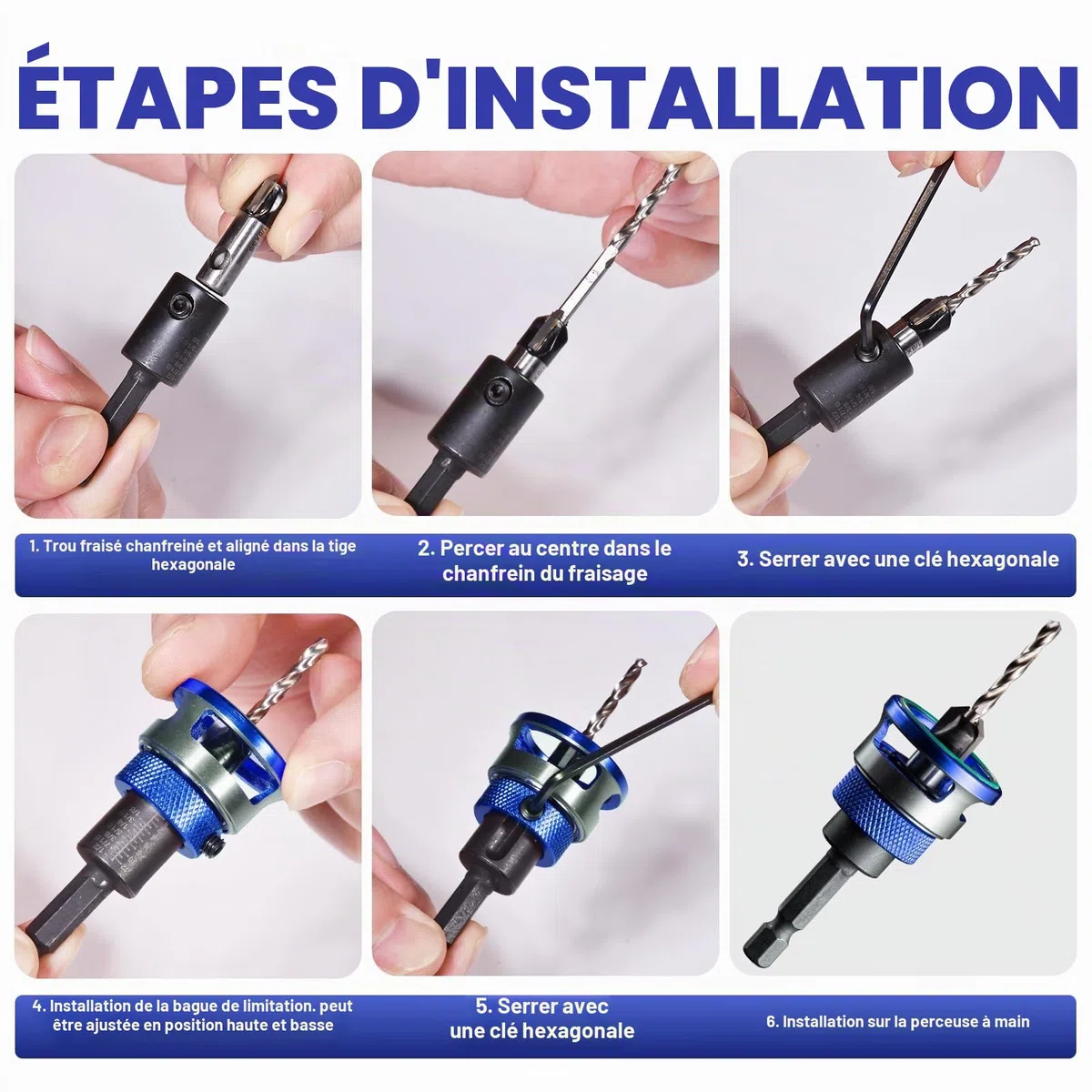 Forets à Bois 5 Pièces, HSS-M2, Tige Hexagonale 1/4" | Fraisés avec Butée de Profondeur et Embout Cruciforme, Trous Précis, pour Atelier, Travail du Bois (Bleu)