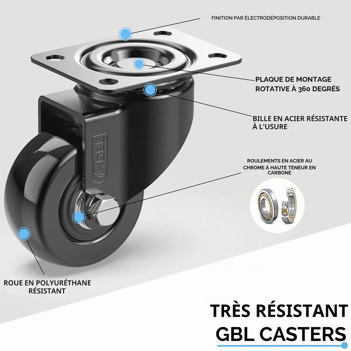 GBL 4 Roulettes Pivotantes Pour Meubles sans Frein + Vis - 50mm Jusqu'à 200KG - Roulette Sans Traces au Sol pour Charge Lourde - Roue en Caoutchouc pour Chariot - Noires