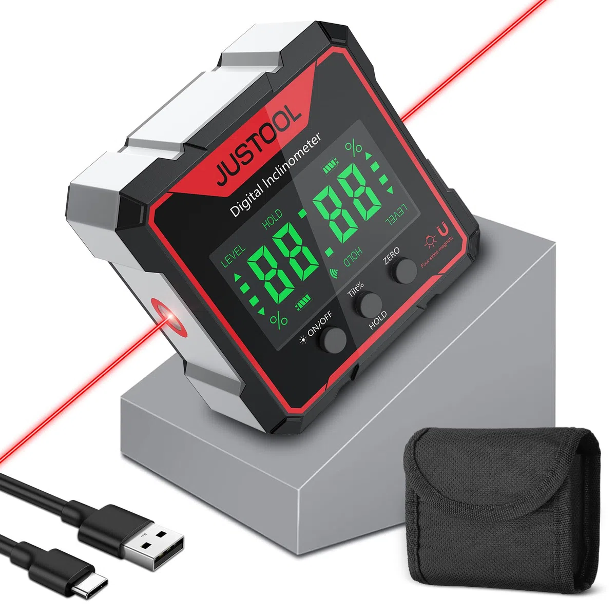 JUSTOOL 4 * 90° Inclinomètre Rapporteur LCD Numérique Inclinomètre Jauge D’angle Laser Niveau à Bulle IP54 Boîte de Niveau étanche Boîte de Nivellement Magnétique à 4 Côtés Boîte Biseautée | Inclinomètre numérique avec 4 aimants latéraux, écran LCD rétroé