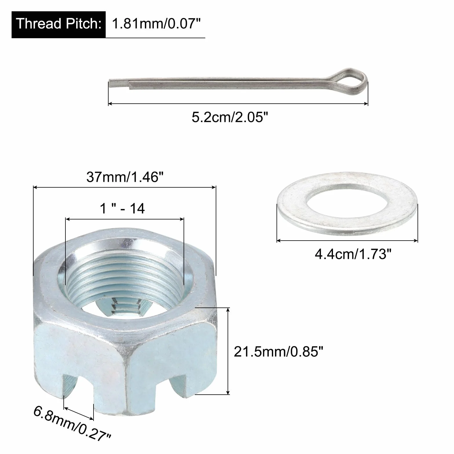 uxcell Lot de 2 écrous de remorque, écrous hexagonaux en acier au carbone de 2,5 cm à 14, rondelle de 4,4 cm et goupille fendue de 5,2 cm pour axe, arbre