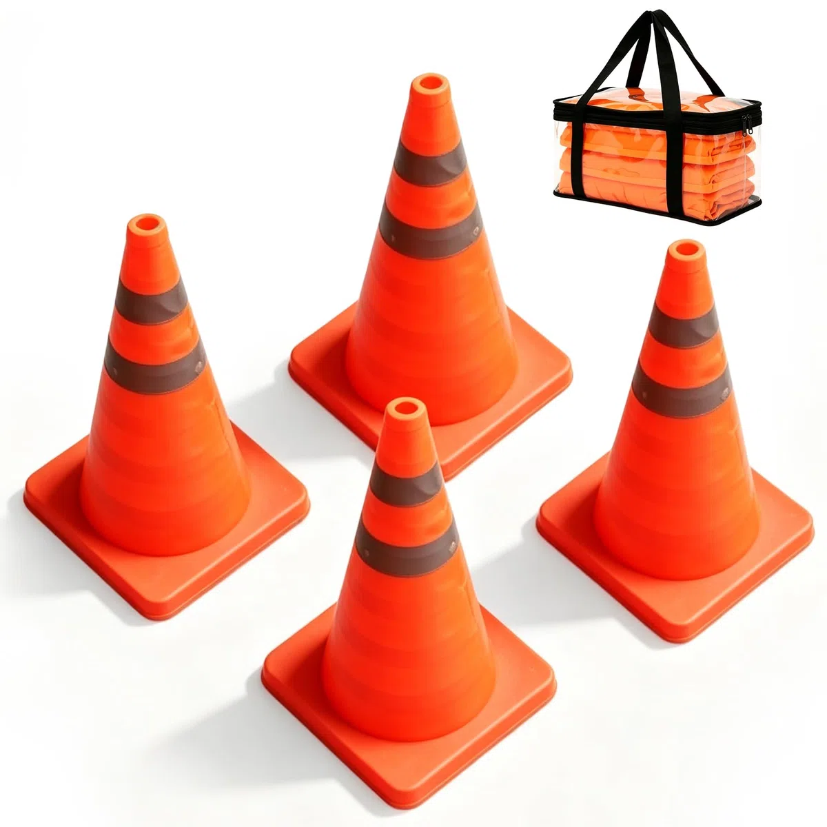 Lot de 4 Cone de Signalisation Pliable, 45 cm Plot de Chantier avec Bandes Réfléchissantes Pop up Cones De Sécurité pour Travaux Régulation du Trafic Parking Signalisation Routière avec Sa