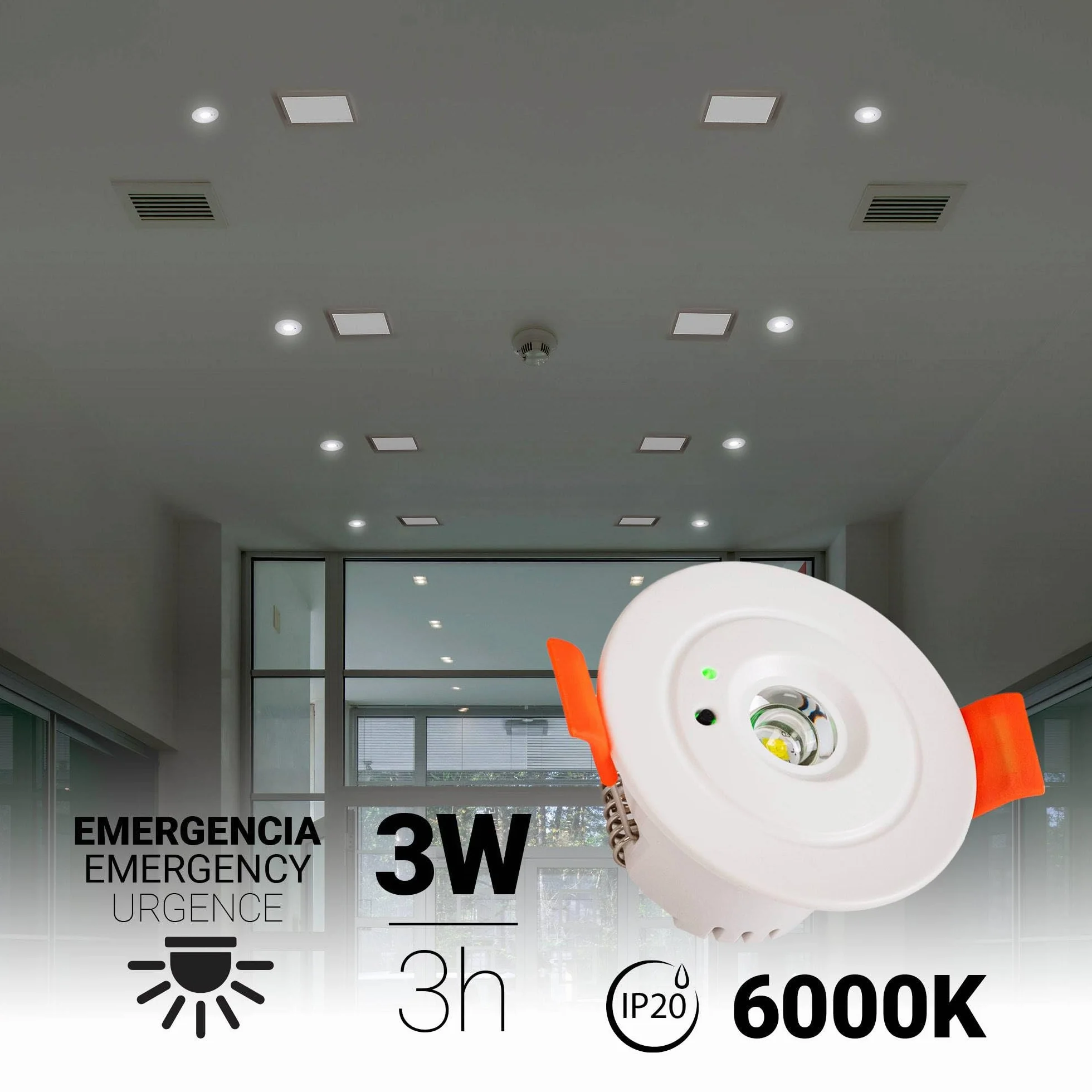BARCELONA LED Éclairage de Secours LED 3W Encastré Ø60mm 6000K | LED 3W, encastrable Ø60mm, blanc froid 6000K, autonomie 3h, 250lm, batterie LiFePO4, IP20 intérieur