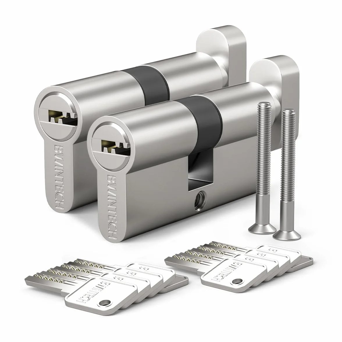 Bwintech 2 Pcs 30T/30mm Euro Cylindre en laiton, 60mm Thumbturn/Key Barrel Lock avec 10 clés horizontales en laiton,anti-crochetage, anti-perçage, anti-claquement, anti-choc, nickel satiné