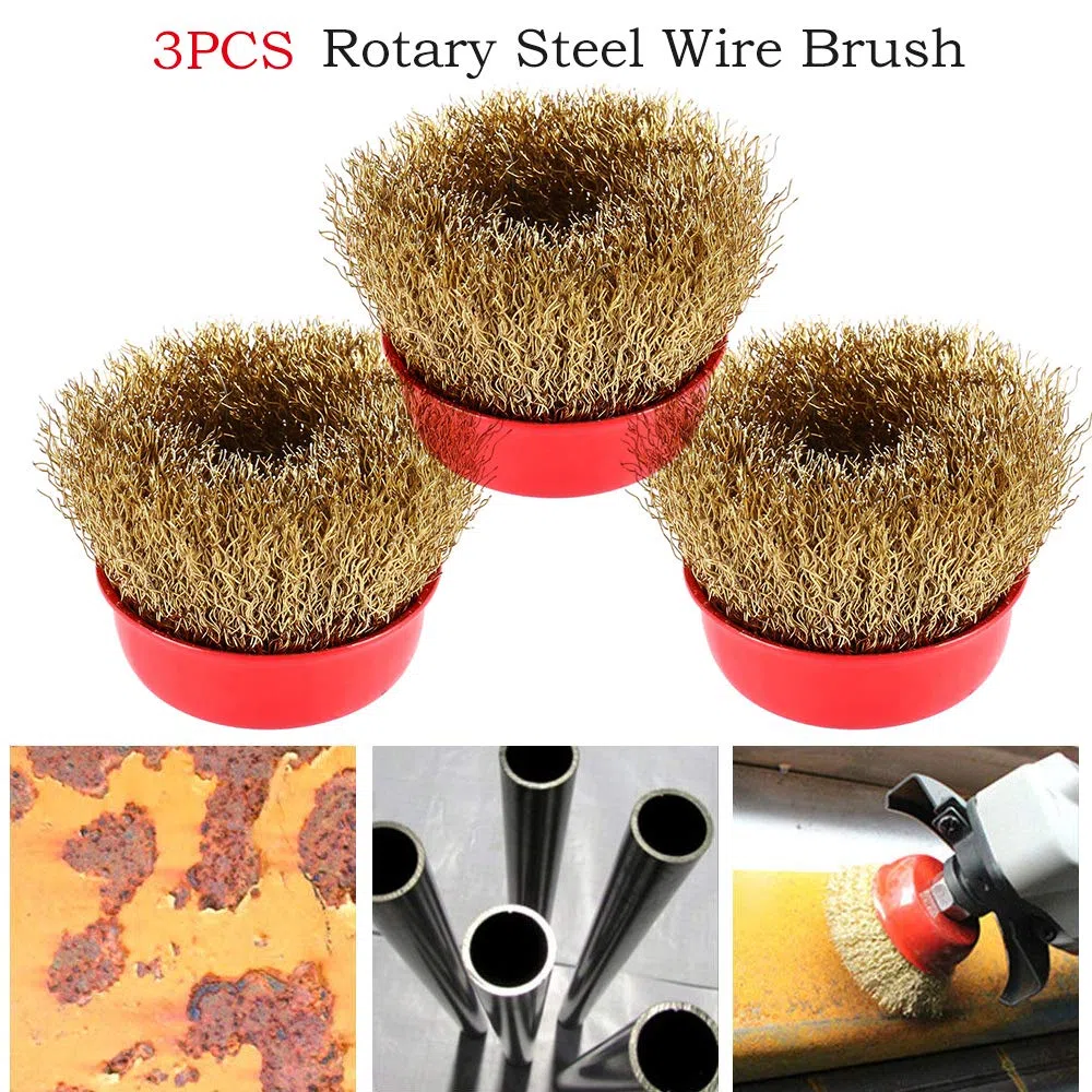 Lot de 3 brosses métalliques rotatives pour enlever la rouille, brosse rotative en fil d'acier pour perceuse avec revêtement en laiton, meuleuse d'angle M14, 65 mm