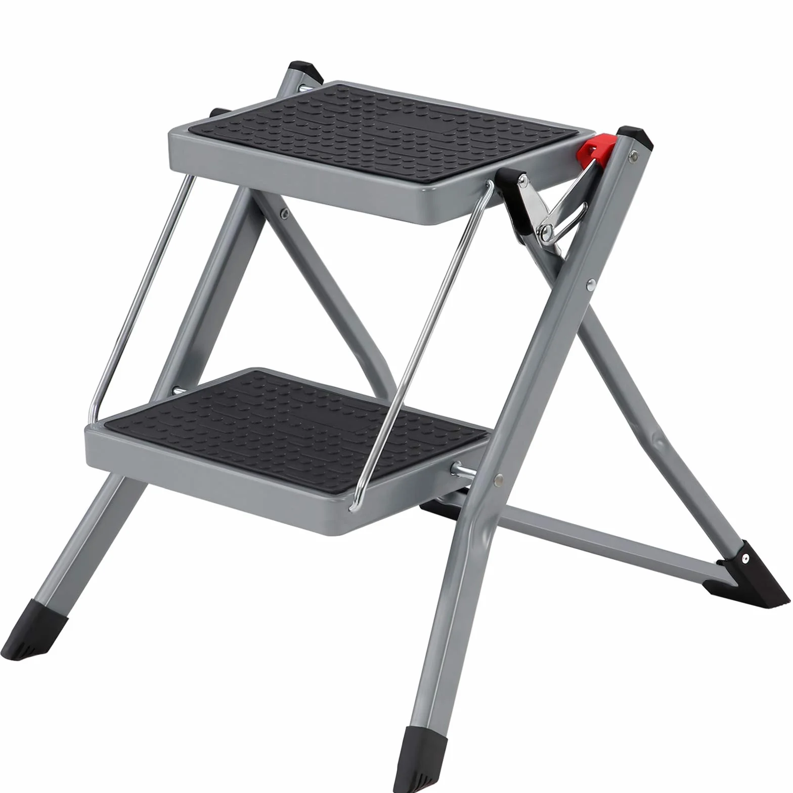 SONGMICS Escabeau à 2 Marches, Marche-Pieds Pliable, Largeur de Marche 20 cm, Caoutchouc Antidérapant, avec Poignée, Charge 150 kg, en Acier, Gris et Noir GSL002GY01