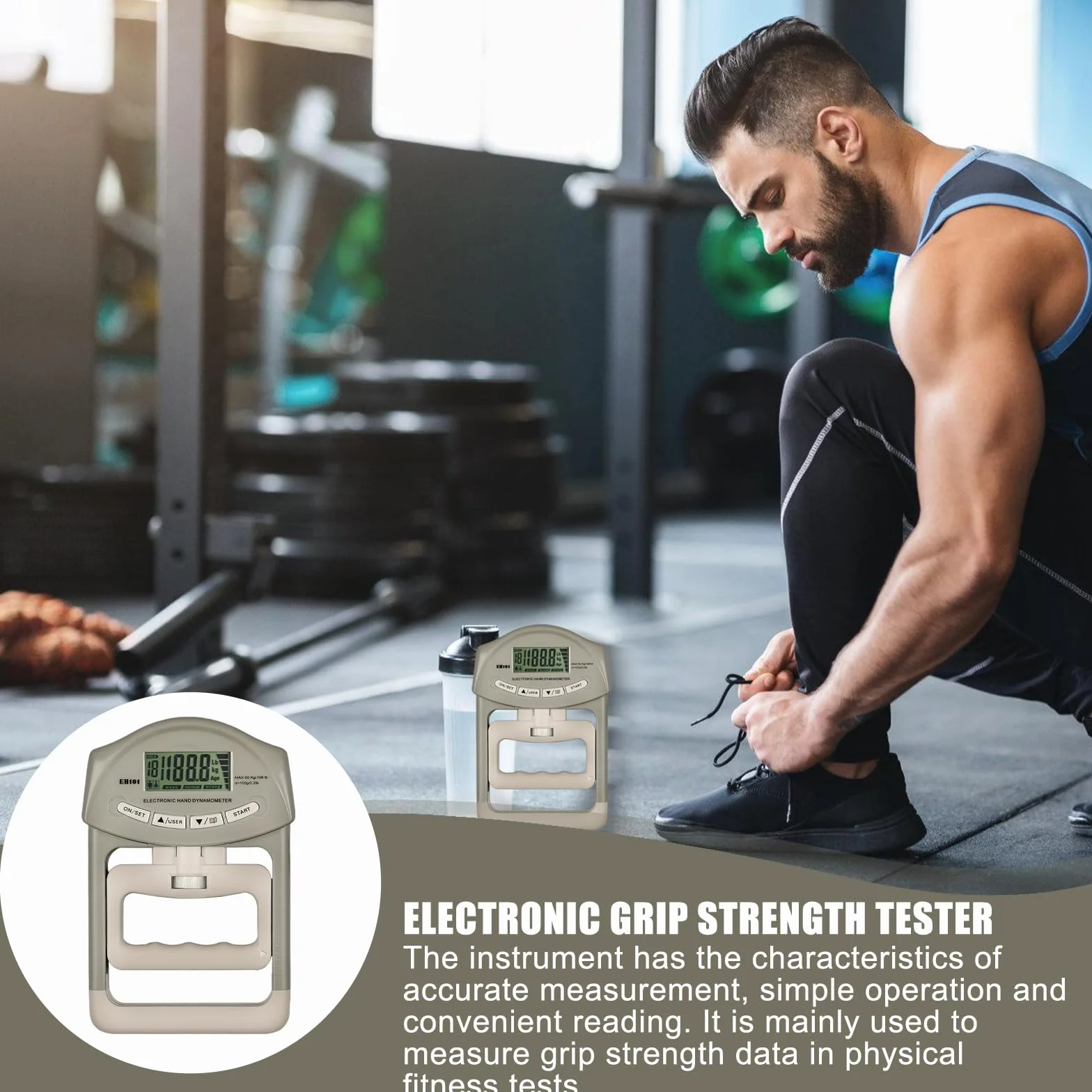 Powermètre numérique à main, 90 kg, dynamomètre manuel gris avec 19 jeux de plaques individuelles, entraînement de force de préhension électronique et grand écran LED