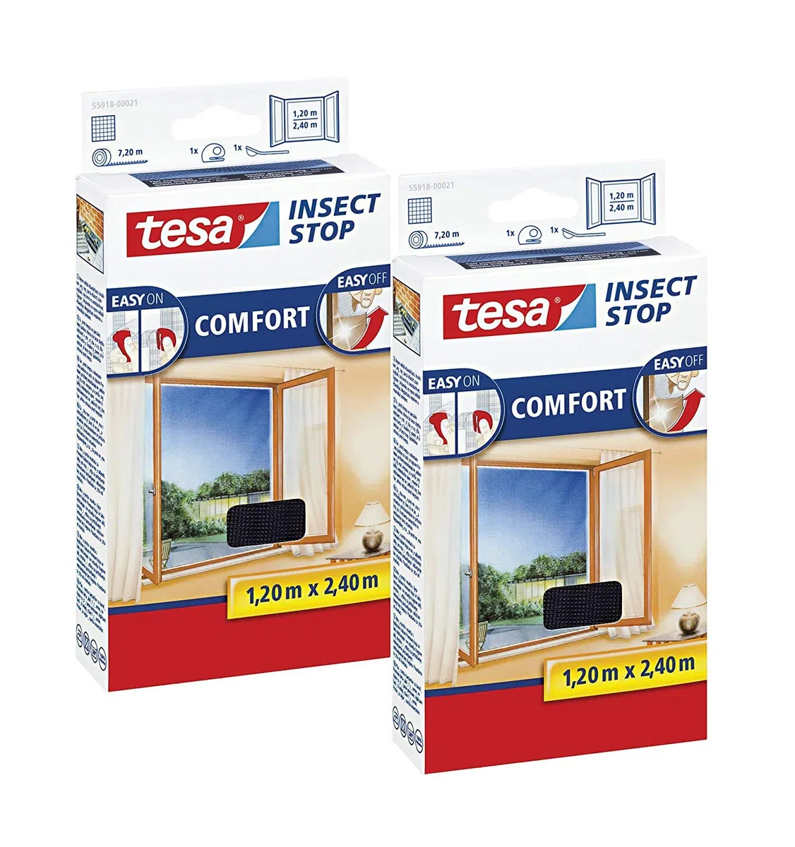 tesa Insect Stop Comfort Lot de 2 moustiquaires, autocollantes, sans perçage, pour fenêtre au sol, anthracite, transparent, 120 x 240 cm