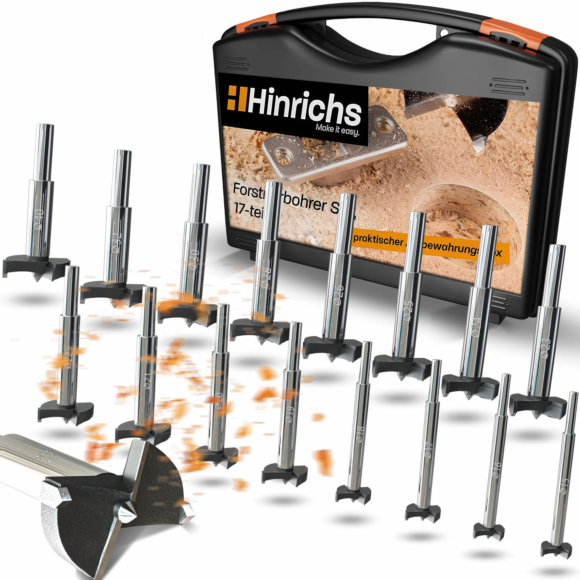 Hinrichs Kit de Forets Forestières 17 Pièces en Coffret en Plastique - Kit de Mèches à Bois 15 à 40 mm - Kit de Forets Forestières Foret à Trous de Fraisage - Fraise à Trou Mèche à Noeuds