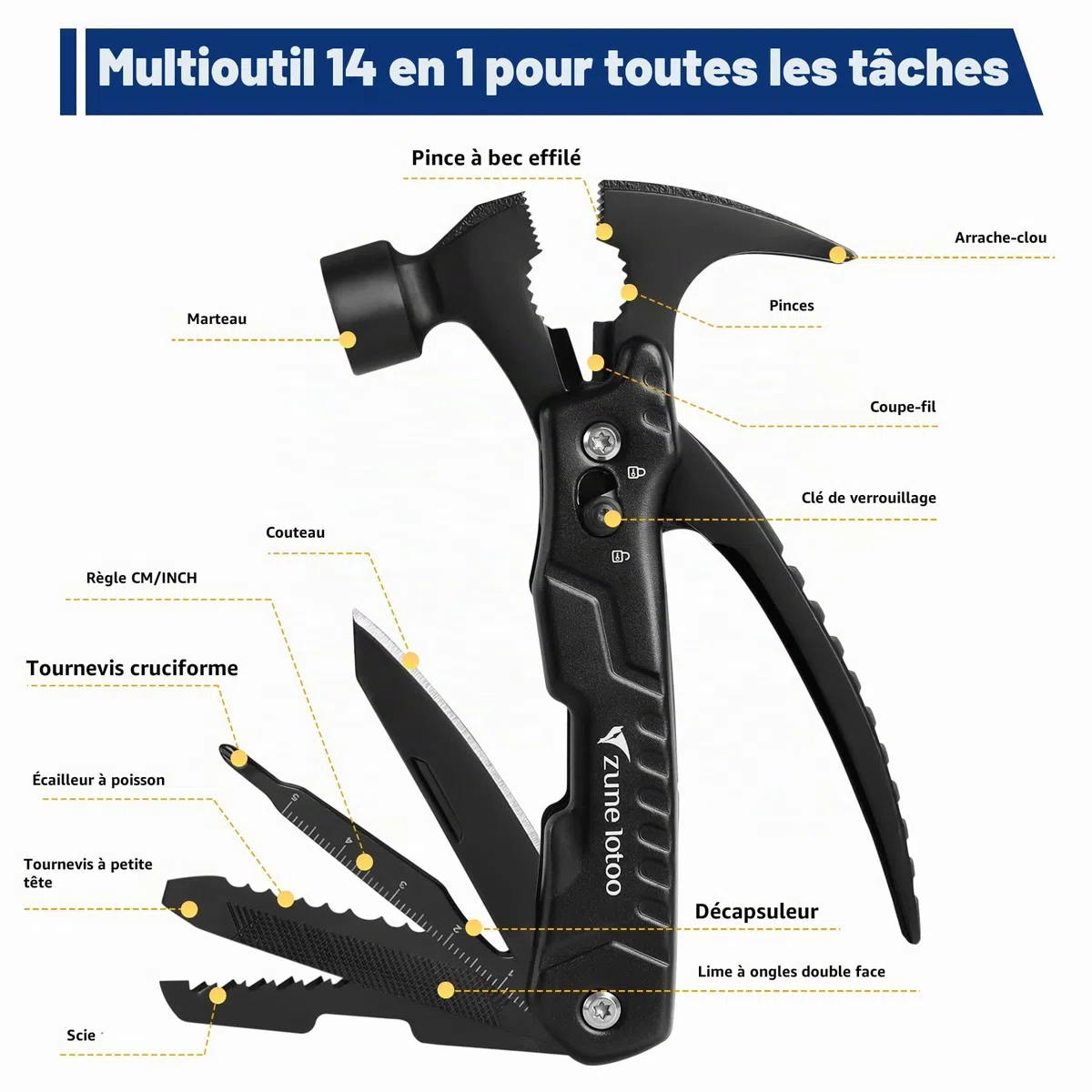 Zune Lotoo Marteau Multifonction, 14 en 1 Portable Compact Multi Usage Outils en Acier Inoxydable avec Marteau Pince Tournevis, Cadeaux pour Hommes Papa Noël Anniversaire (Noir)