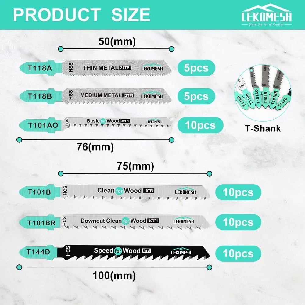 Lames de Scie Sauteuse à Tige en T 50 Pièces, Fabriquées en HCS/HSS, avec Étui de Rangement pour Coupe de Bois, Plastique et Métal