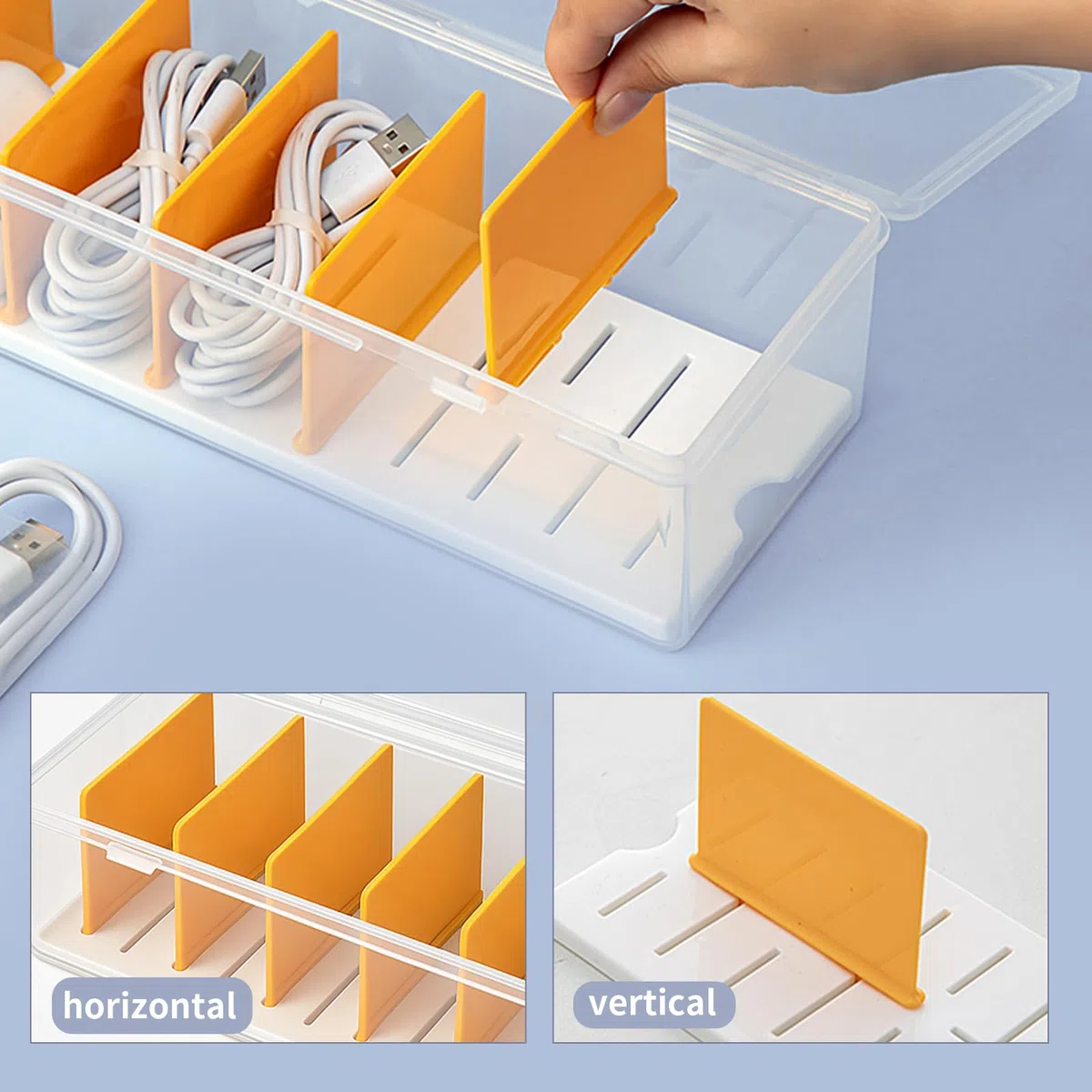 2 Pièces Boîte Rangement Câble avec 16 Attaches, Boîte Câble Transparente avec 7 Séparateurs – Organisateur de Câble pour Bureau, Maison, Boîte à Câble pour Chargeurs et Accessoires