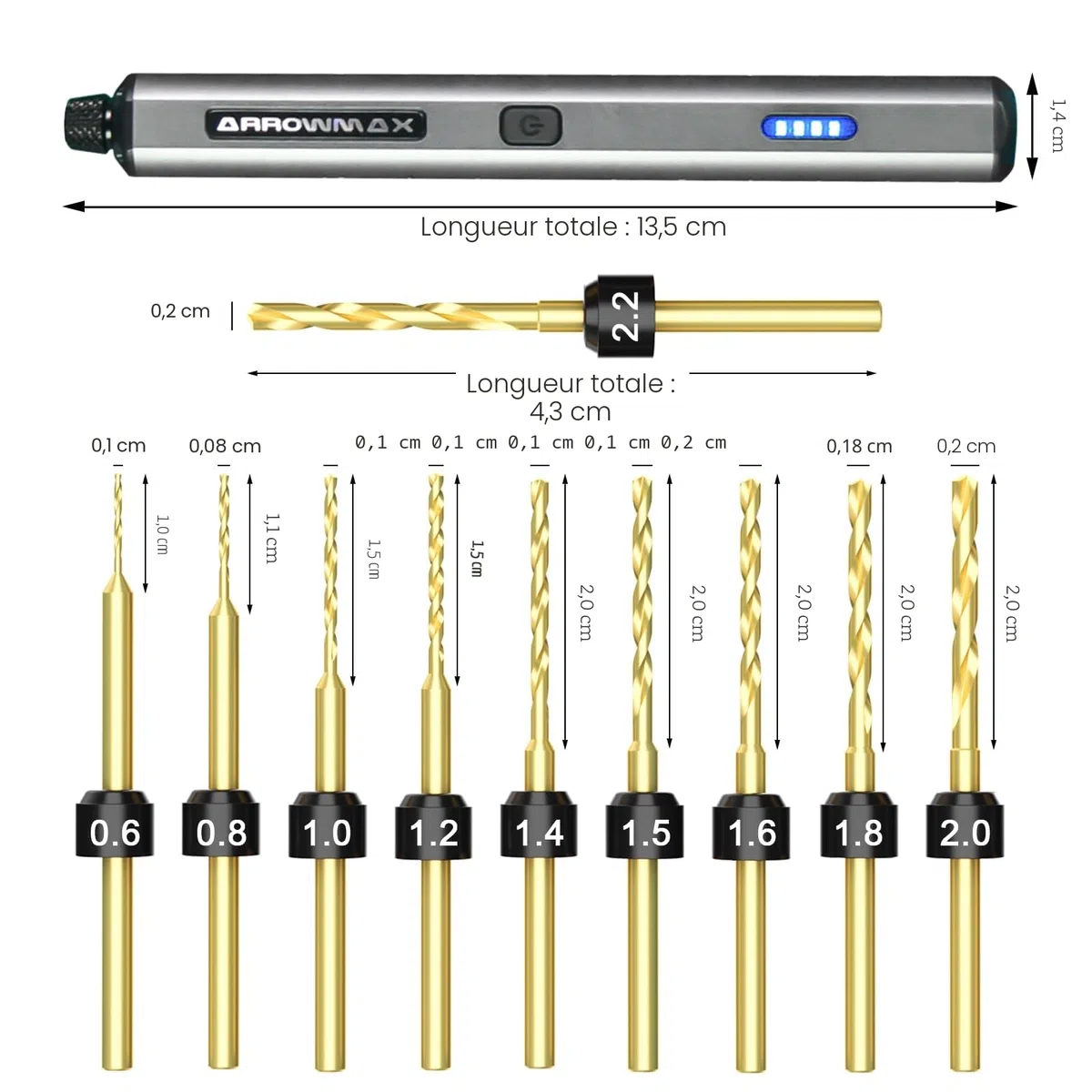 ARROWMAX Mini stylo de perceuse électrique, 13 en 1 avec étui en aluminium, rechargeable, 800 tr/min, kit de perceuse à main, 10 embouts HSS, bricolage, bois, fabrication de bijoux (SDS MINI)