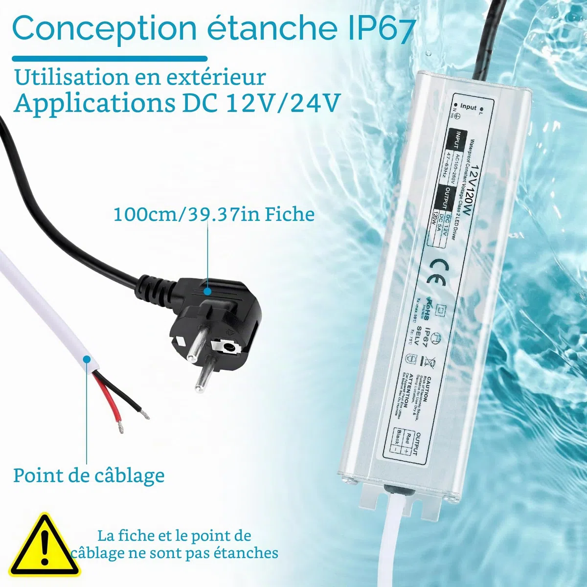 Gerbala LED Transformateur 220V 12V 120W 5A, Extérieur Etanche IP67 Transformer, Power Supply, Convertisseur AC 220V vers DC 12 V, Transfo Adaptateur pour Bandes, Lampes et Projecteurs