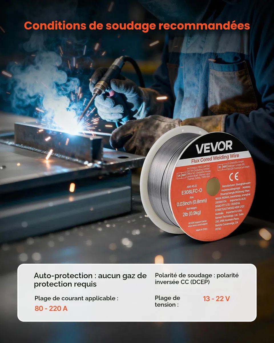 VEVOR Fil Fourré sans Gaz 0,8 mm 0,9 kg par Bobine Fil de Soudage MIG E308LFC-O pour Soudage à l'Arc de Toutes Positions, Auto-protégé, Utilisation Extérieure, Acier Inoxydable, Faible Projection