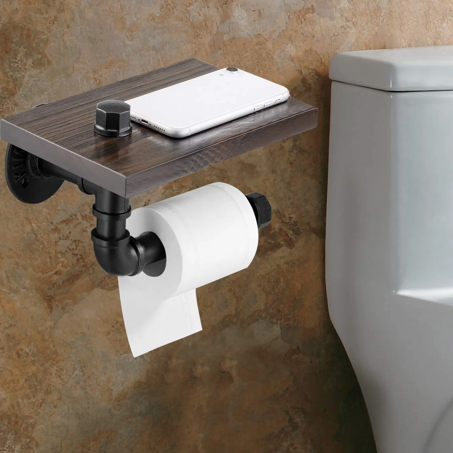 Elibbren Porte-papier toilette industriel pour salle de bain, avec étagère en bois rustique et tuyau en fonte
