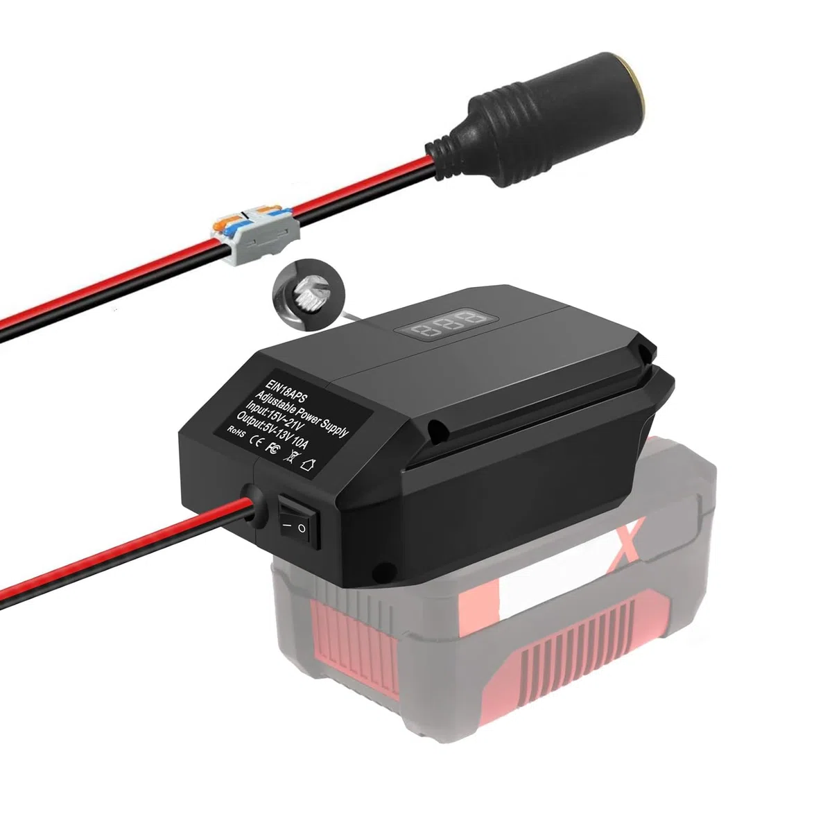 Convertisseur abaisseur 18 V à 12 V pour Batterie Einhell 18 V, Tension CC Adaptateur d'alimentation pour Batterie Sortie 5 V-13 V Max. 10 A Prise Allume-Cigare