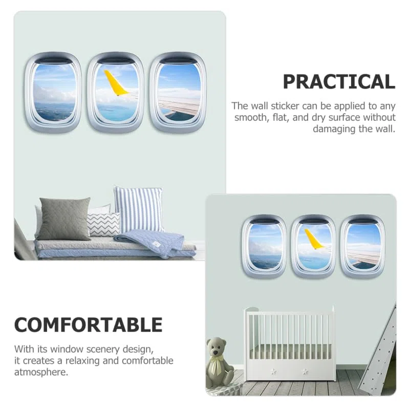 CLISPEED Lot de 3 feuilles d'autocollants muraux amovibles pour fenêtre d'avion - Matériau pour la maison, le bureau, la décoration murale d'avion pour chambre à coucher, salon