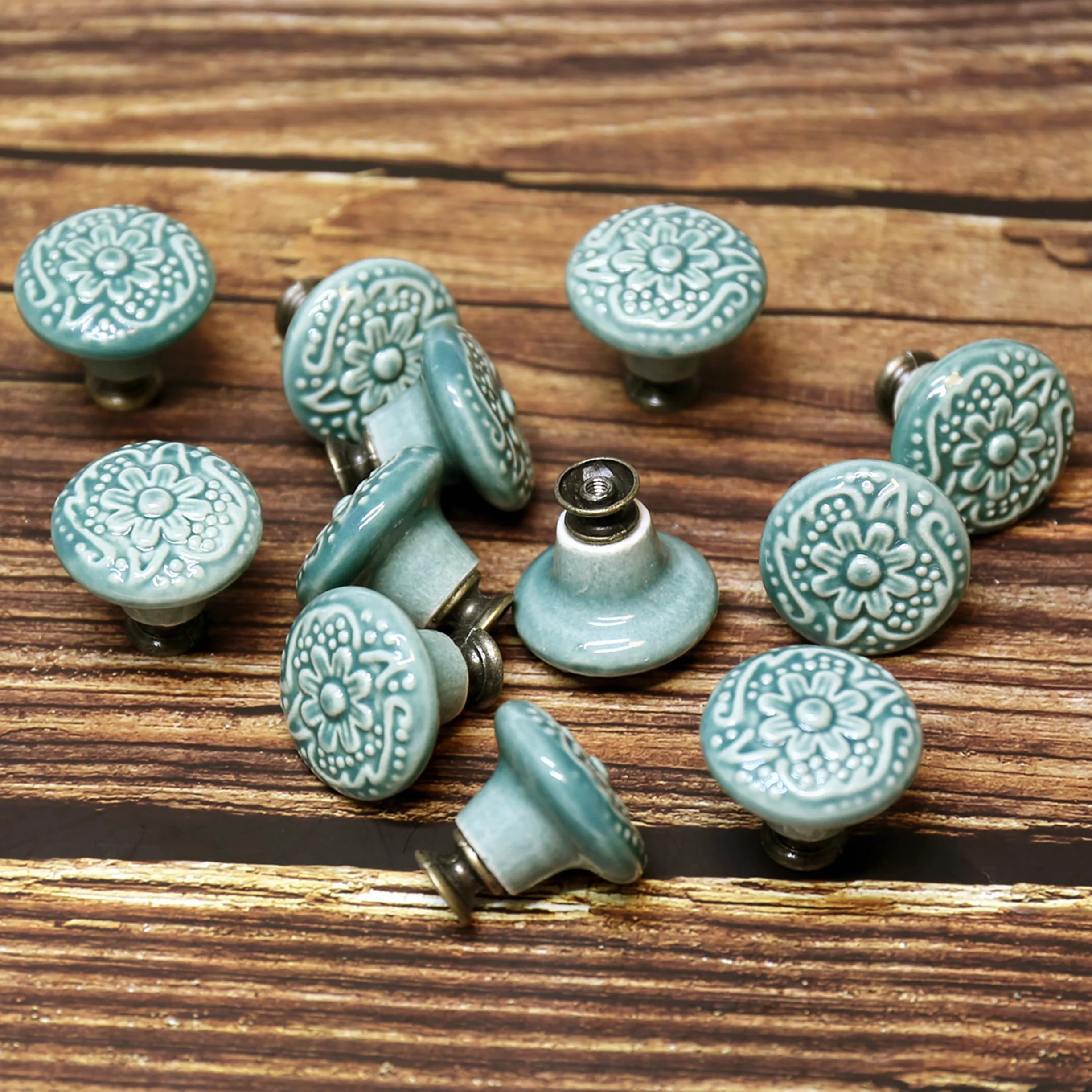 Lot de 12 boutons d'armoire vintage avec poignées rondes en céramique de 34 mm, poignées pour meubles vintage ronds pour maison, adaptées aux commodes, armoires, poignées de porte (vert)