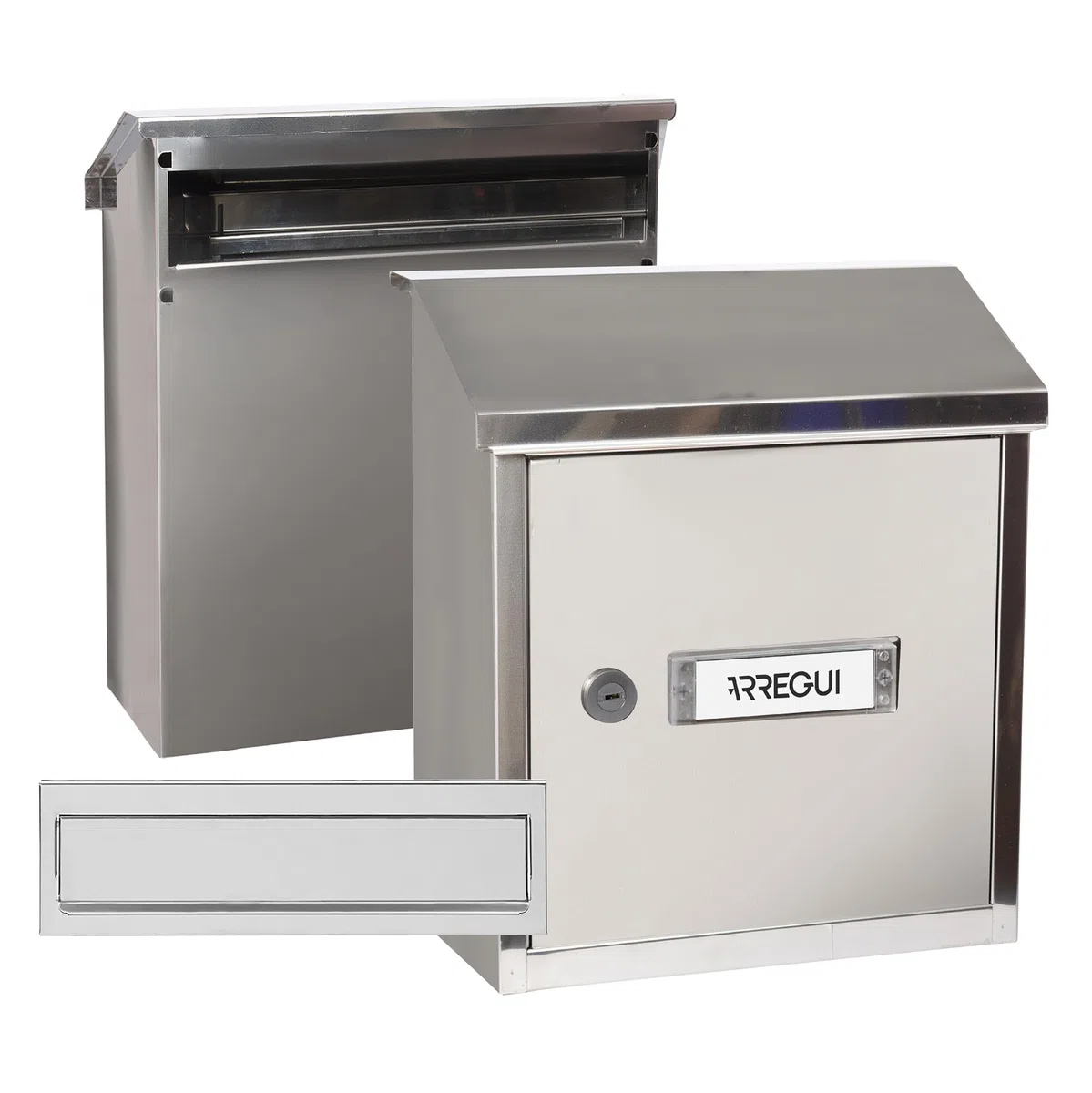 ARREGUI V4037 Pack Bouche d'entrée + Boîte aux lettre en acier inoxydable pour porte, mur et portail, Fente de 23 x 3 cm, Taille S (Courrier A5) Résistant aux intempéries, Installation facile, Inox