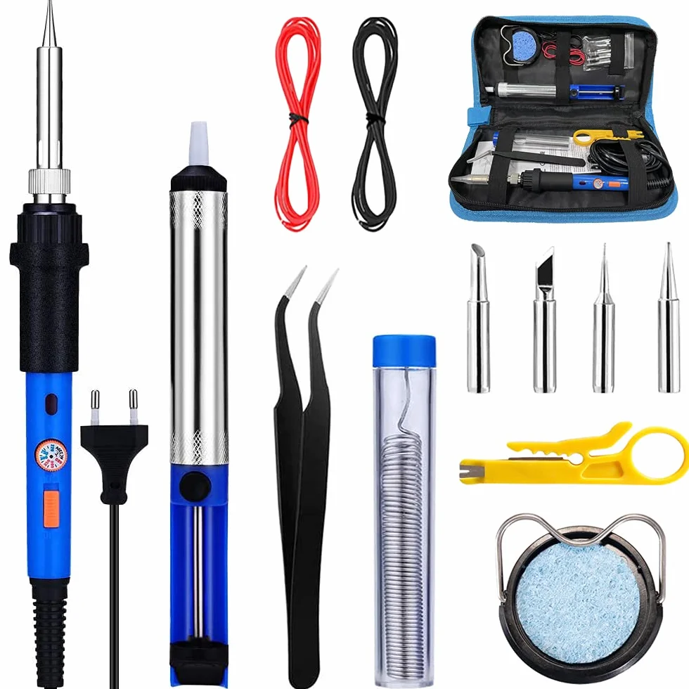 Fer à Souder Set 60W Kit de Soudage Électrique Interrupteur On/Off, Fer à Souder Température Réglable 220~480℃ 4 Pointe Soudage Pompe à Dessouder support Fil de Soudure Pincettes dénudeur de fil