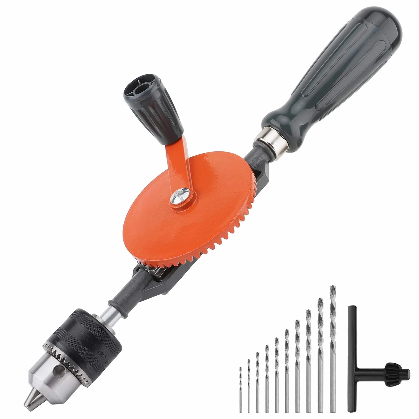 Housolution Perceuse à Main, Perceuse Manuelle à Double Pignons en Acier Moulé de 3/8 Pouces (1.5-10mm) pour Perceuse Manuelle en Plastique et en Bois, Orange