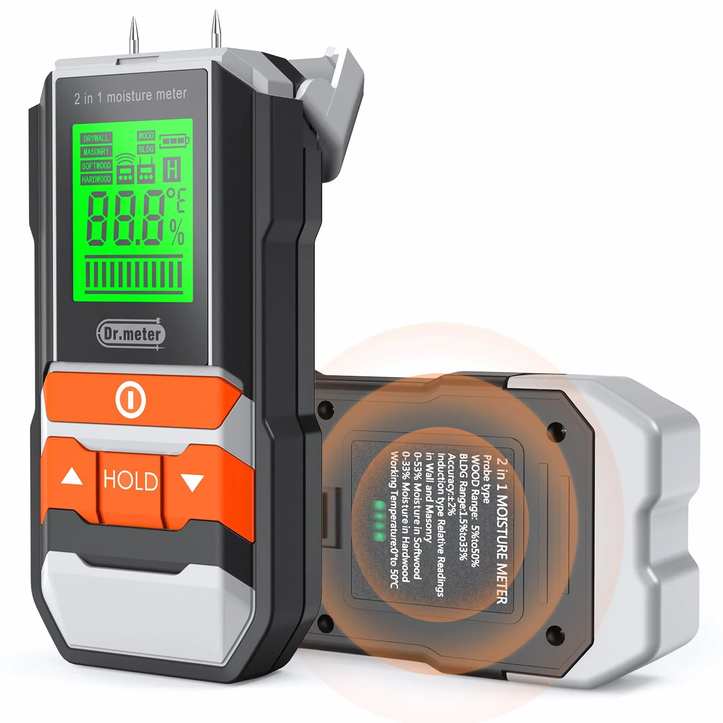 Dr.meter Testeur Humidité, 2 in 1 Testeur Humidité Bois Avec ou sans épingle Testeur Humidité Mur Testeur de L'humidité du Bois et des Matériaux de Construction Ecran LCD Rétroéclairé