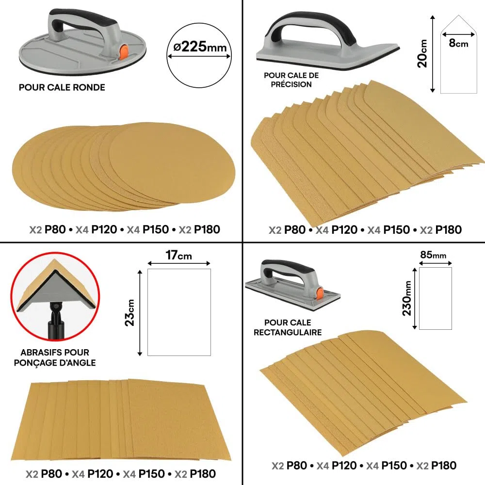 Kit ponçage plaquiste avec perche télescopique 1,2m - Ponceuse angle - circulaire - rectangulaire - détail - Feuilles abrasives