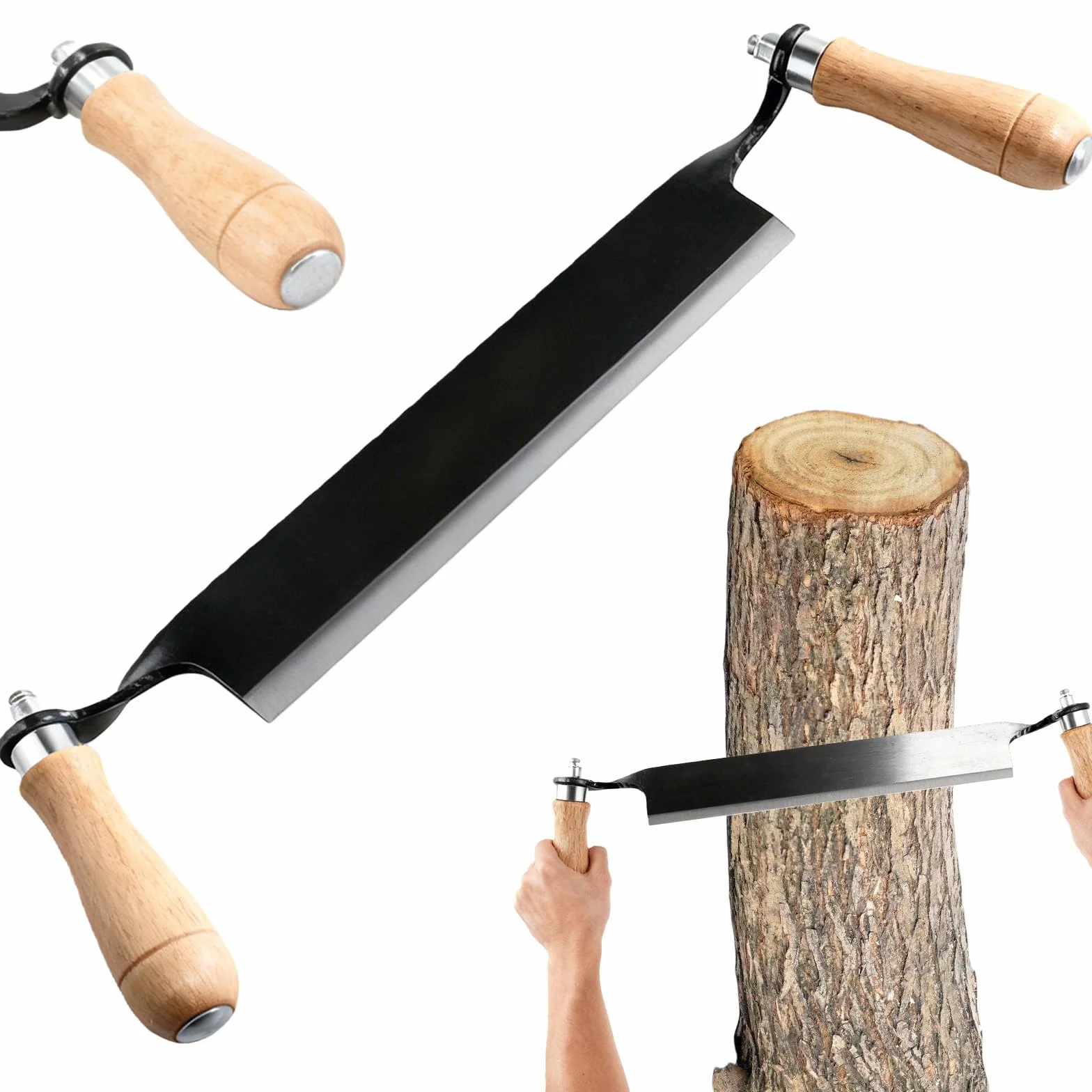 GBKDQQ Couteau de traction pour bois : couteau de traction multifonction de 20,32 cm avec poignées en bois, couteau à tirer, lame à éplucher pour le traitement du tronc d'arbre, couteau à éplucher
