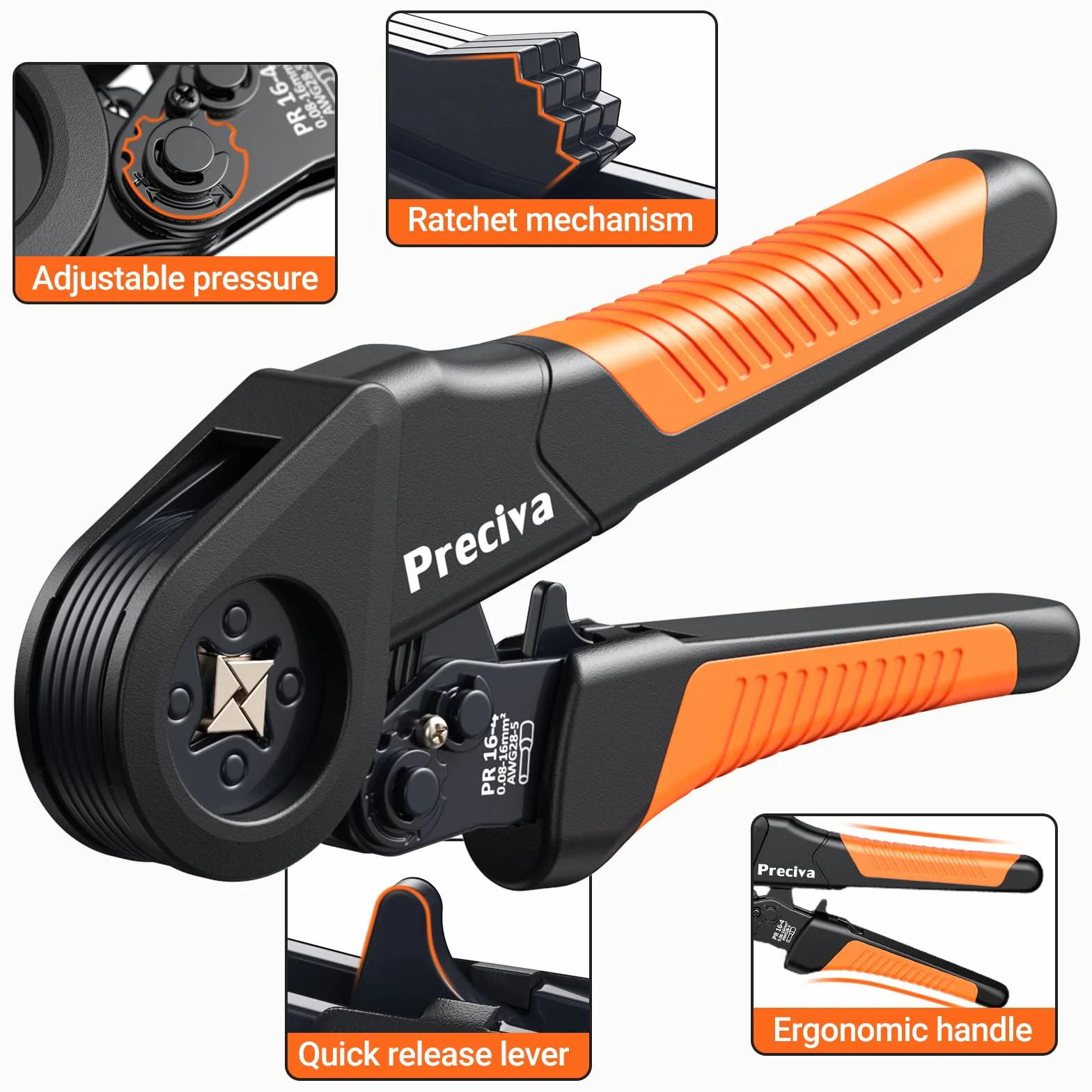 Preciva 0.08-16mm²Pince a Sertir,PR16-4 Pince à Sertir Auto-ajustable Sertisseur, Cosses Electriques a sertir pour Terminaux Câbles