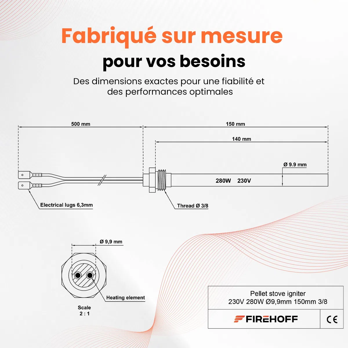 Bougie poêle à granules - PIAZZETTA/SUPERIOR/JOLLY MEC/INTERSTOVES/MCZ/FREEPOINT/RED/KAUSIFLAM/SKIA - 280W, 140mm, Ø 9,9mm, filetage 3/8, avec cosses - GARANTIE 2 ans - Made in Italy