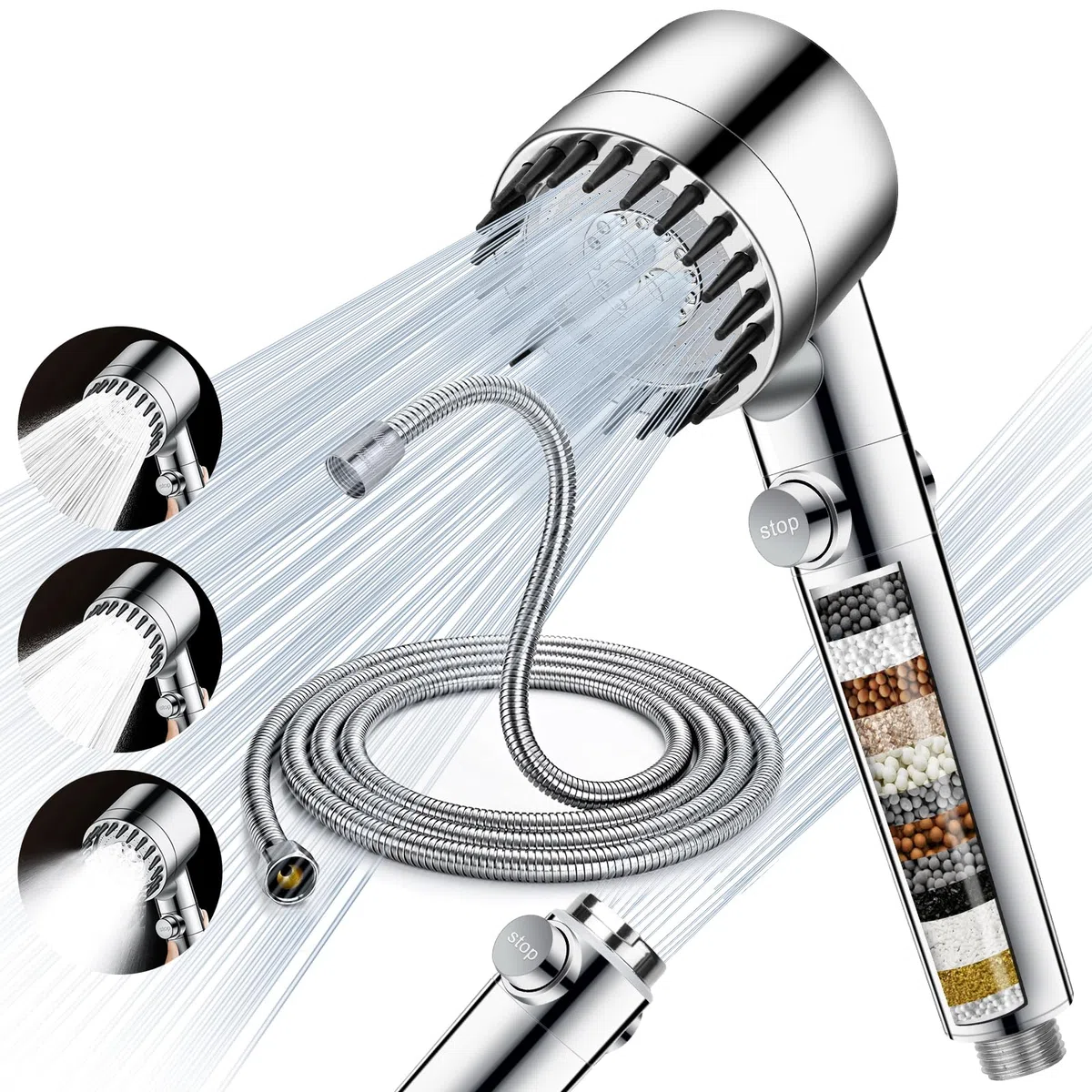 Pommeau de Douche Anti Calcaire avec 15 Étapes Filtre et Tuyau 2M Pomme de Douche Économie D'eau Haute Pression Douchette Douche Salle de Bain Filtrant avec 3+1 Types de Jets et Bouton D'arrêt(Argent)