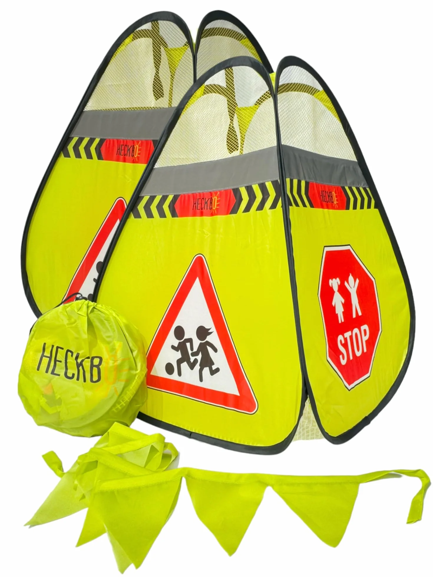 HECKBO Panneau d'avertissement de rue pour enfants - Panneau avec pylônes qui jouent et guirlande de fanions - Pylônes de sécurité - Kit pop-up de sécurité - Cône d'avertissement Street Buddy