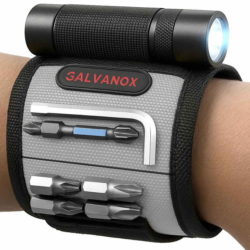Galvanox - Bracelet magnétique avec lampe de poche LED - Bracelet de poignet en nylon pour outils, vis et clous avec lampe de travail réglable - Excellent cadeau pour homme, père, bricoleur (Noir)