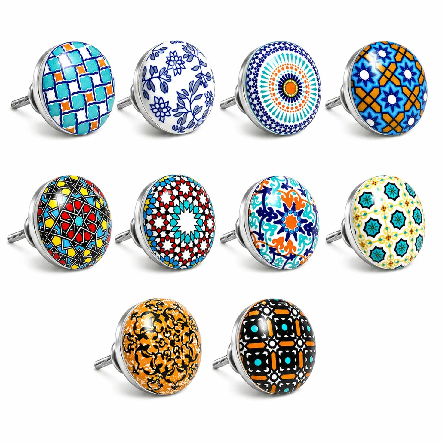 Jeu de 10 poignées de céramique de couleurs et de formes différentes peint à la main. Tireurs à la main pour armoires, tiroirs et confortables. Poignées de céramique classiques de 40 mm de diamètre