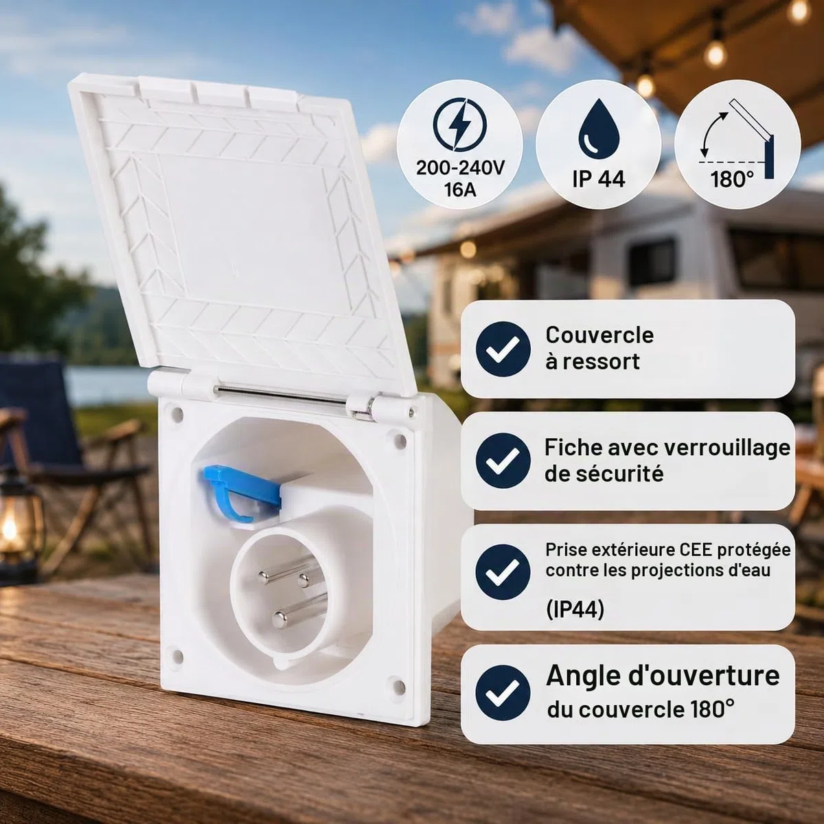 Prise de courant externe CEE - Protégée contre les projections d'eau - 200 à 240 V - 16 A - 3 broches - IP44 - Blanc