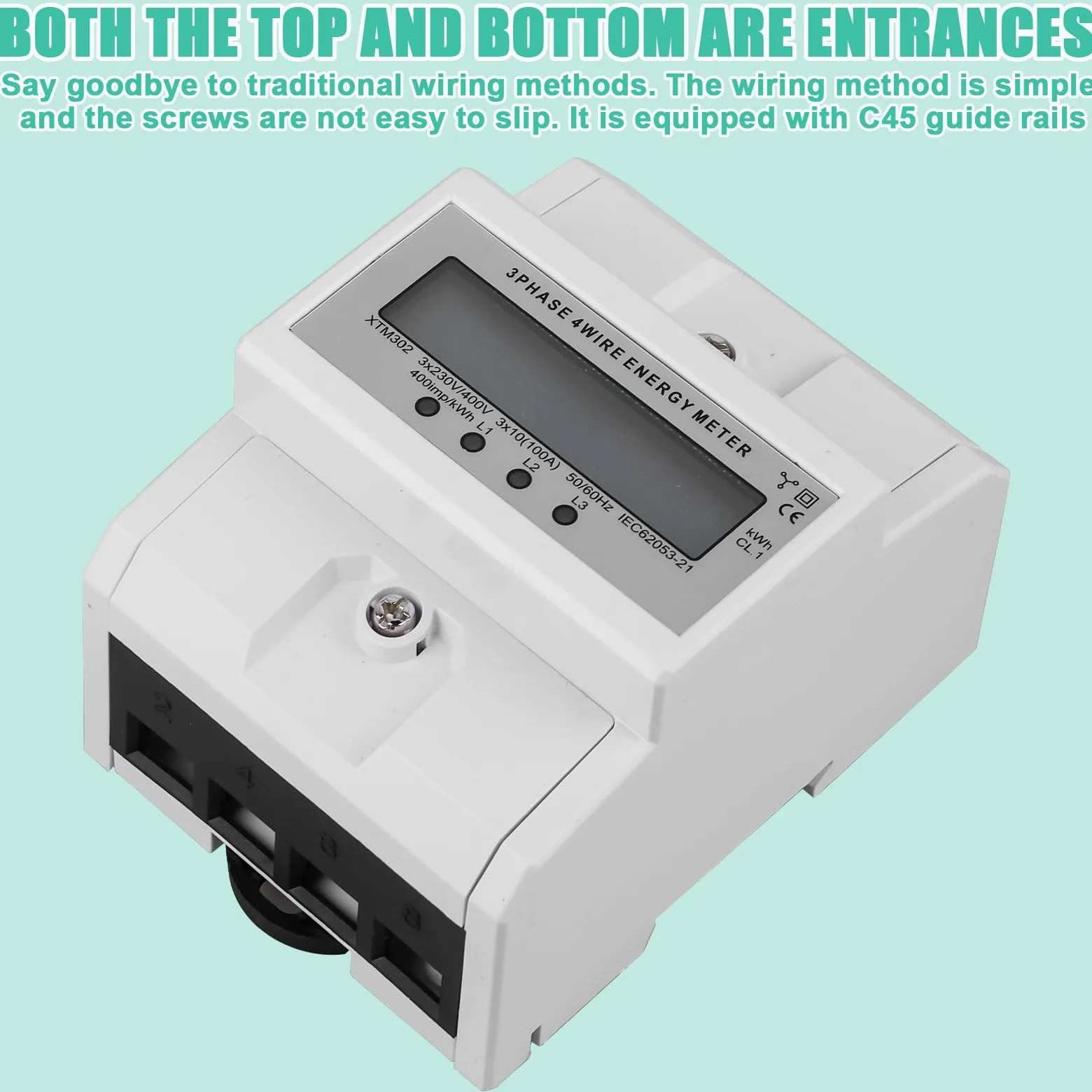 Compteur d'électricité triphasé, compteur triphasé 100 A, compteur d'électricité calibré avec affichage LCD, compteur d'électricité numérique 50/60 Hz, triphasé, 4 fils, pour rail DIN, sous-compteur,