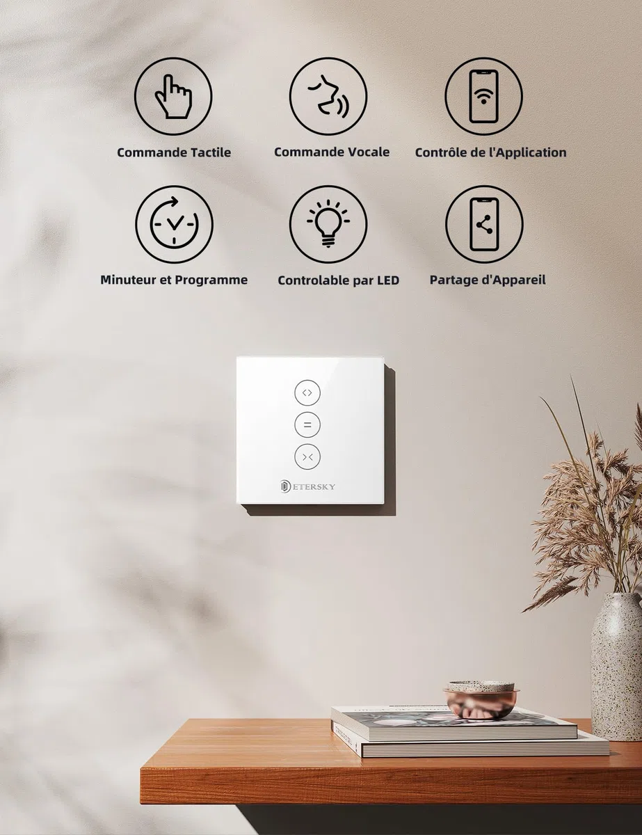 Interrupteur Connecté WiFi Volet Roulant Tactile [Fil Neutre] | Interrupteur Intelligent Mural Pour Rideau Compatible Alexa, Google Home, Commande Vocale, Minuterie & Partage, 1 Pack
