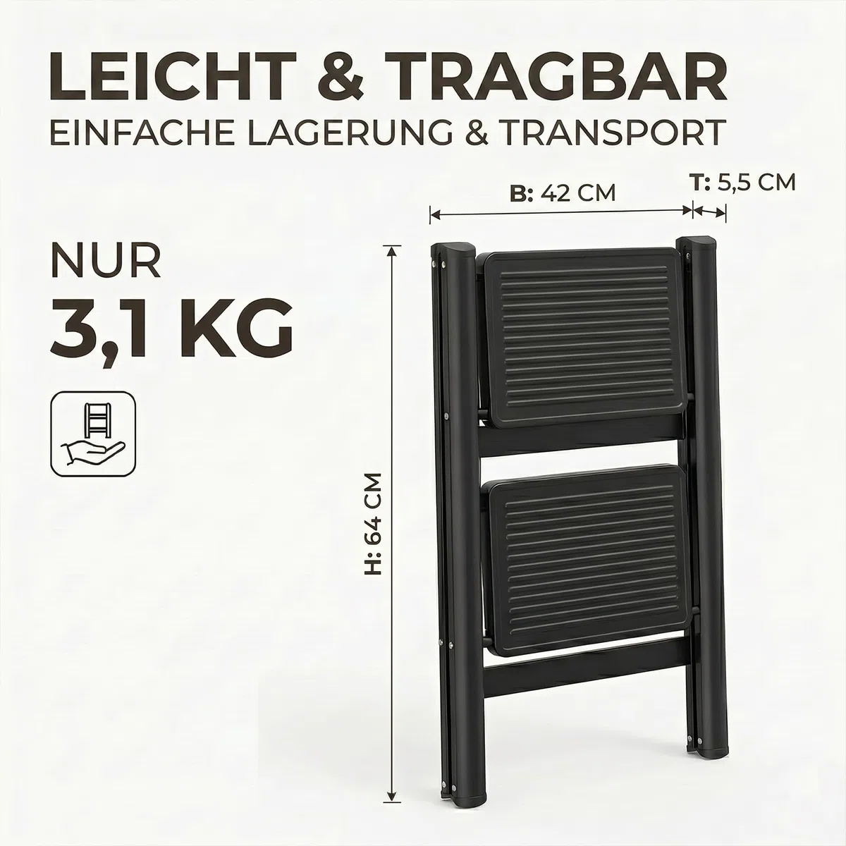 Escabeau pliable à 2 marches avec large pédale antidérapante, marchepied d'une capacité de 150 kg, pour la maison, le garde-manger, l'intérieur et l'extérieur (2 marches)