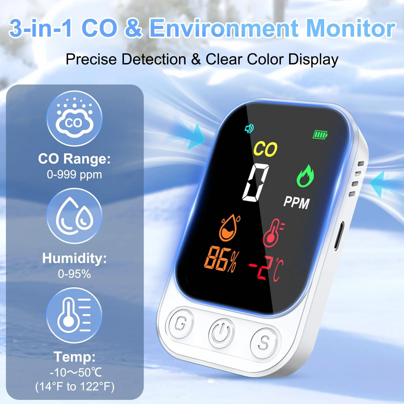 RealPlus Détecteur de Monoxyde de Carbone 3-en-1 - Détecteur CO, Température et Humidité avec Alarme de 85 DB, Portable, Rechargeable, Support et Trou de Fixation pour Maison, Voyage et Bureau