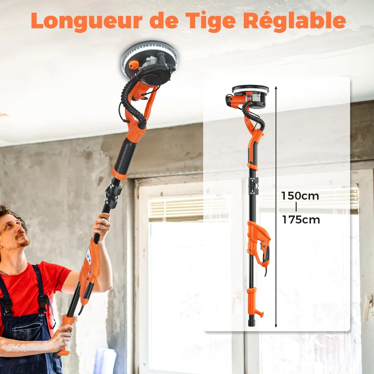 GOPLUS Ponceuse Girafe Aspirante 750W, Ø225mm, Lumières LED, 6 Vitesse, 800-1500 tr/m, Ponceuse Mur et Plafond Électrique Pliable avec Manche Télescopique, 12 Disques Abrasifs 80-240, Sac de Transport