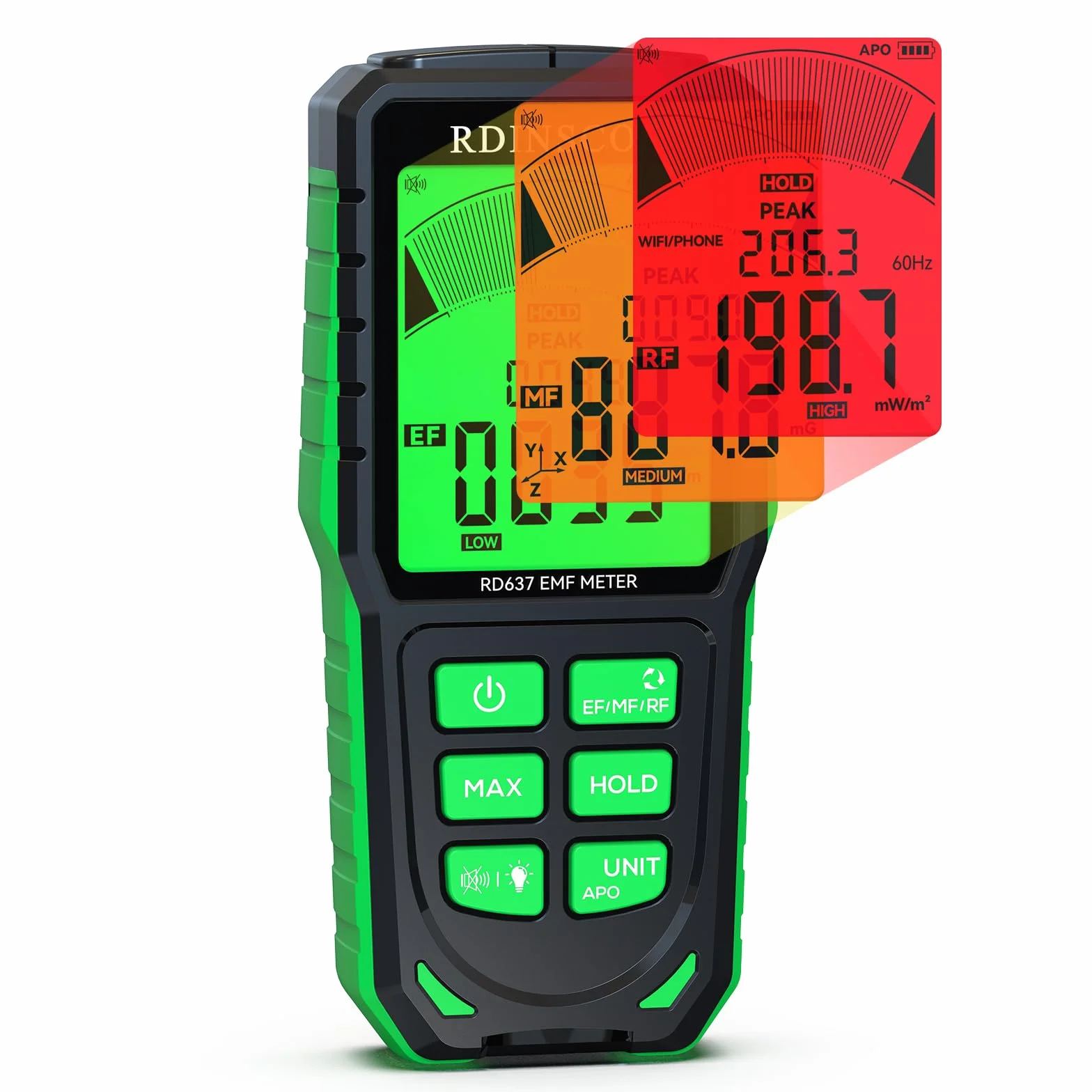 RDINSCOS Mètre EMF, Appareils de Mesure EMF Numérique Rechargeable Détecteur de Rayonnement EMF Numérique Mesure Handheld Détecteur de rayonnement pour EF, MF, RF, WiFi, Micro-ondes Mesureur RF