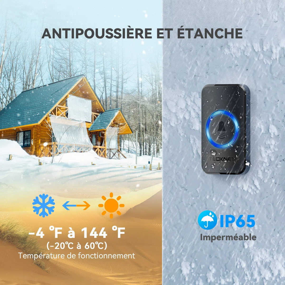 TECKNET Sonnette sans Fil, IP65 Exterieur Étanche Carillon 400 Mètres Two Récepteur Sonnette Electronique, 60 Mélodies 5-Niveaux LED Bleu, pour Maison, Hôtel, Urgence