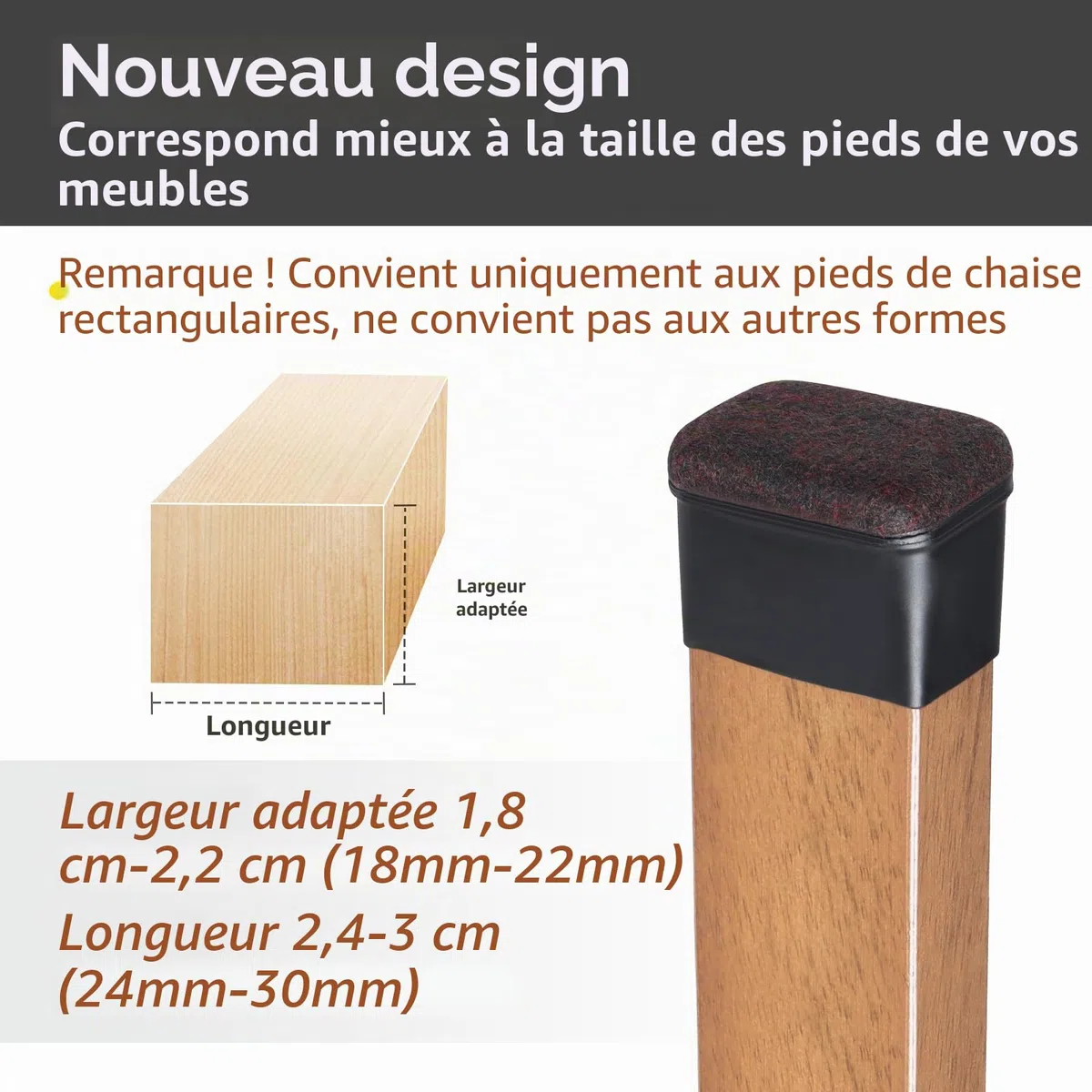 16 Pièces Protection Pied de Chaise, Protection Rectangulaires en Feutre pour Pieds de Chaise, Tampon Chaise Silicone Noir avec Marron Patins en Feutre pour Les Sols en Bois Dur