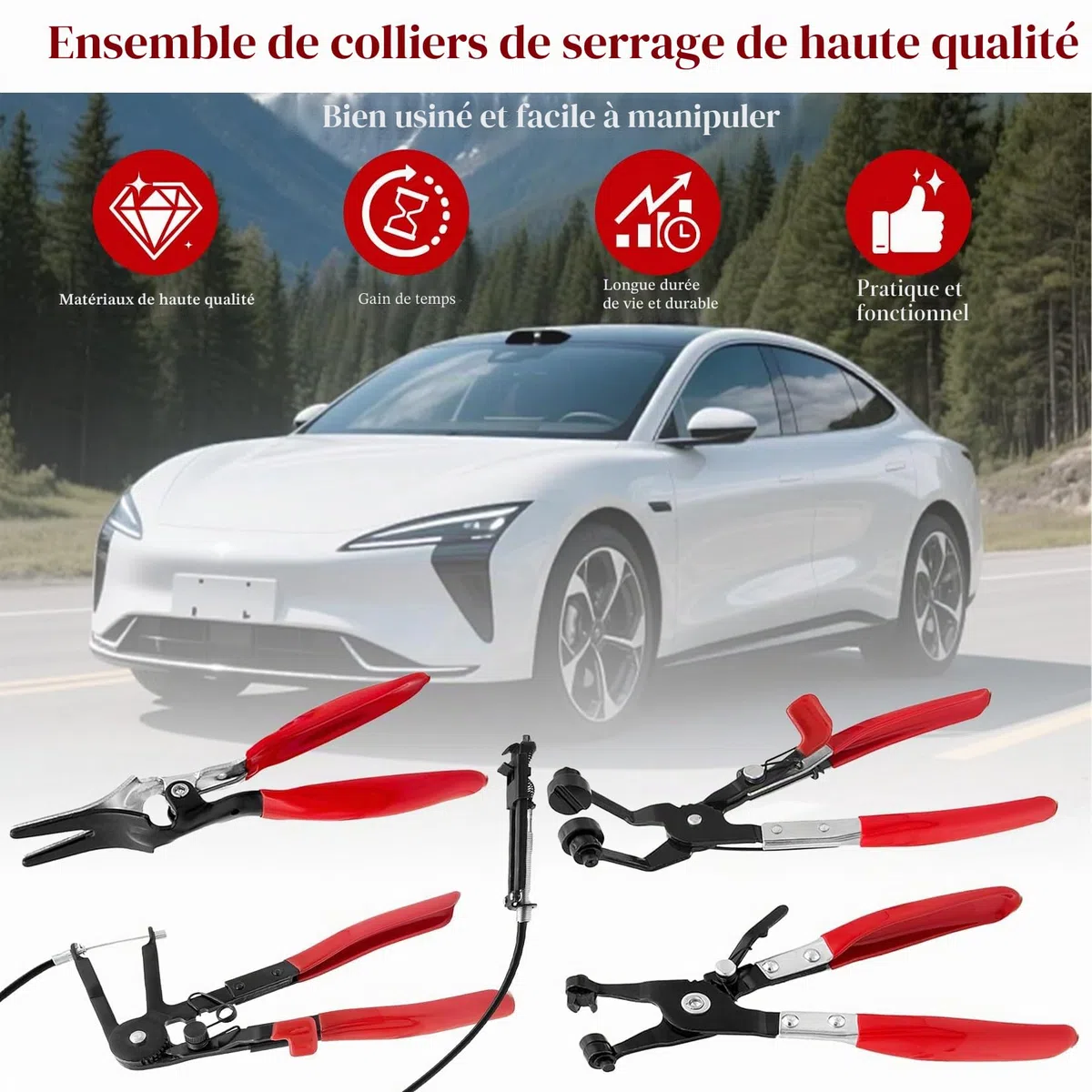 Herbst Lot de 4 pinces à colliers de serrage avec col droit pour l'entretien du véhicule