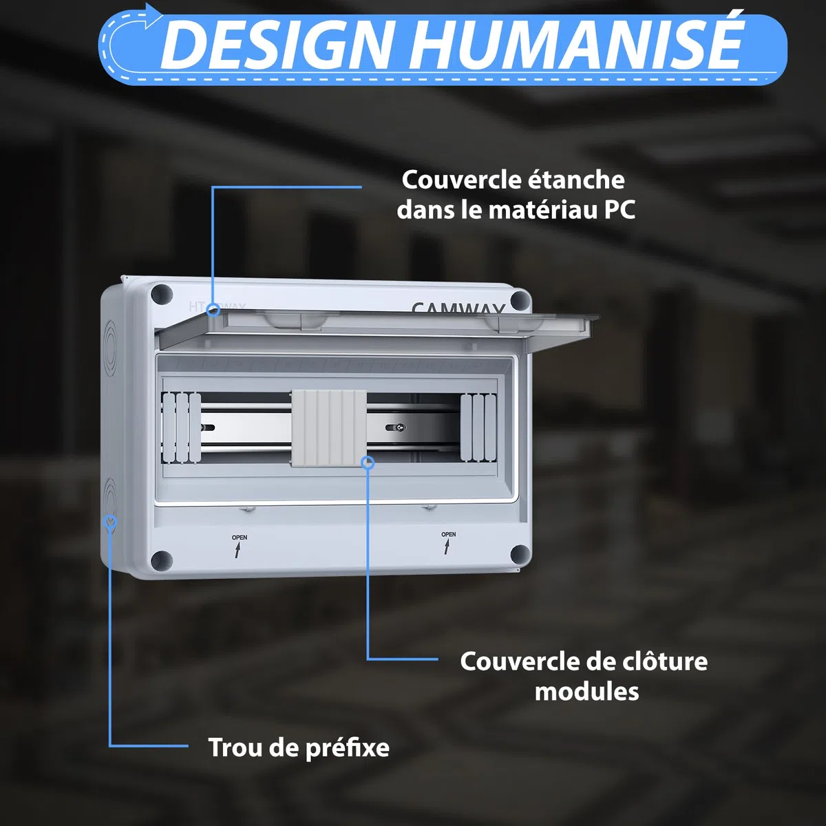 CAMWAY Boîte de distribution exposée 15 voies IP65,1 rangée de 8 modules pour utilisation extérieure, Boîte à Fusibles Exposée en ABS avec Porte Transparente Installation facile