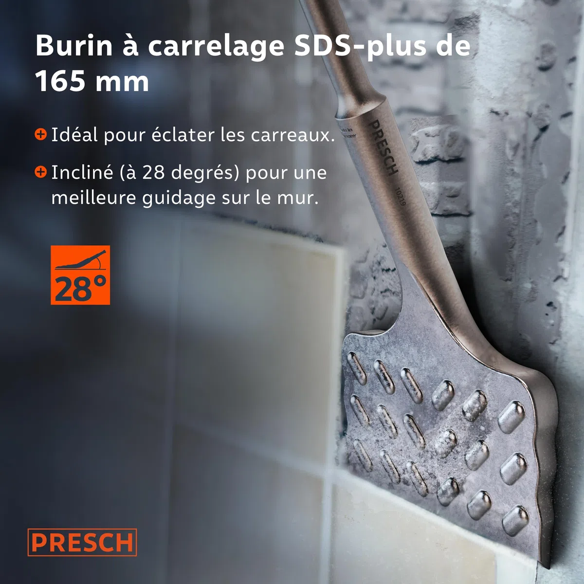 PRESCH SDS plus Burin à carrelage - Extra large (75mm) - Extrêmement durable - Coudé pour faciliter l'enlèvement des carreaux (longueur 165 mm) - En acier haute performance